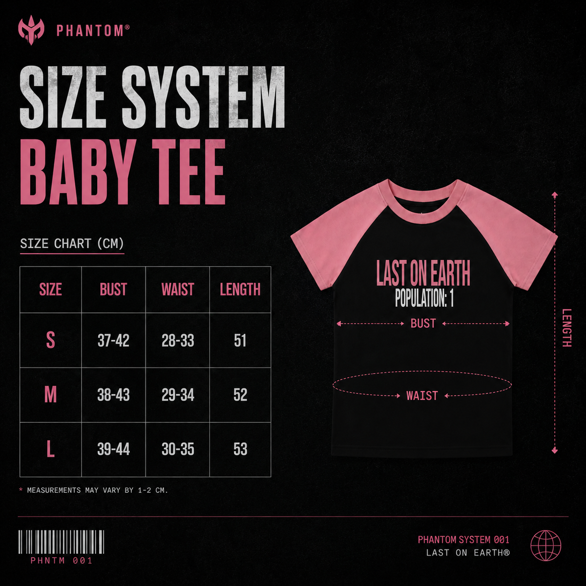 Black P1 Baby Tee size chart